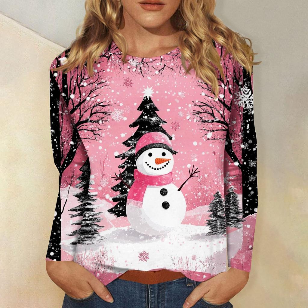 Women's 3D Christmas Snowflake Snowman Printed Round Neck Long Sleeve T-shirt Casual Long Sleeve Top Party Loose Women's Top