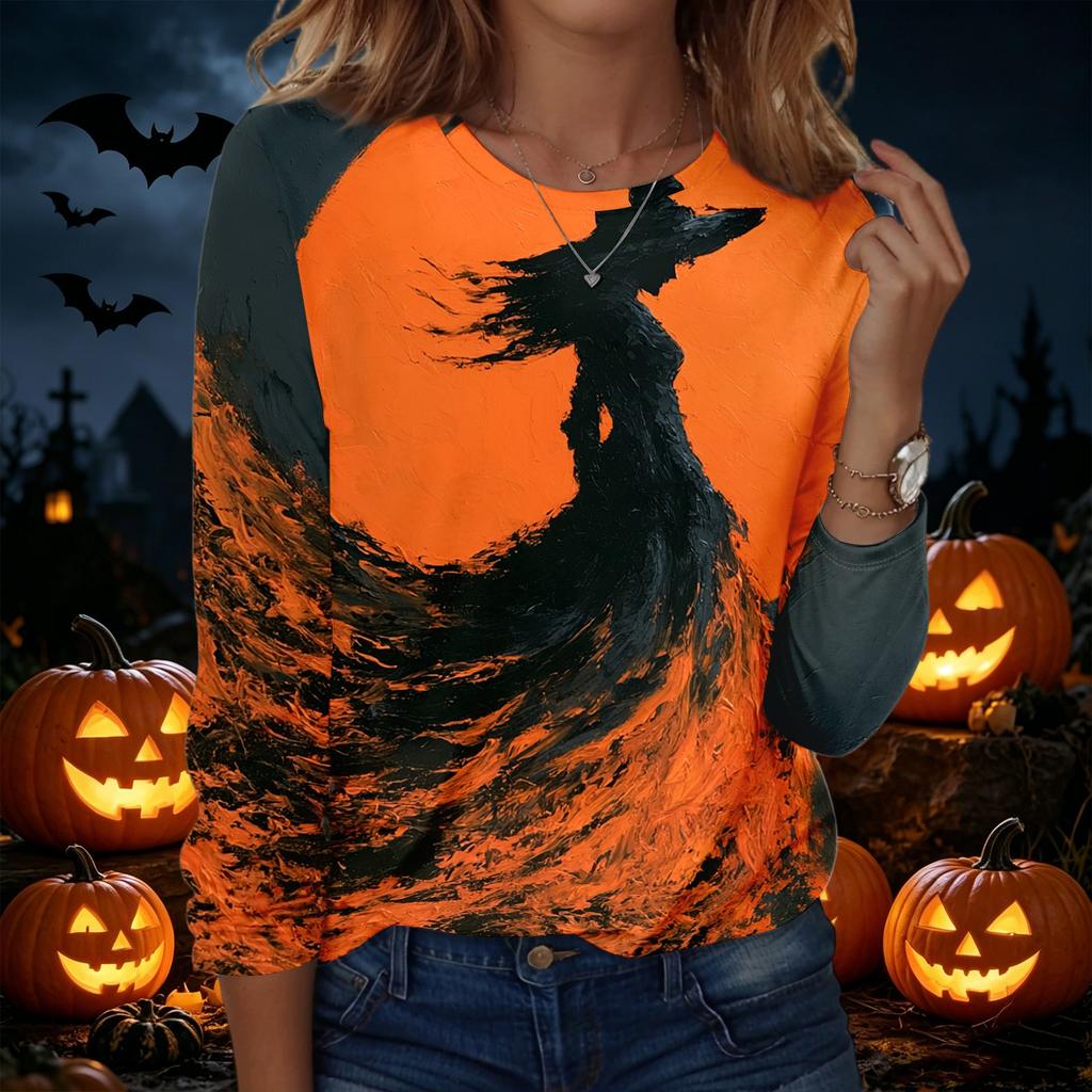 Women's Casual Long Sleeve Crew Neck Sweatshirt Halloween Print Pullover Top Lightweight Comfortable Fit for Everyday Wear
