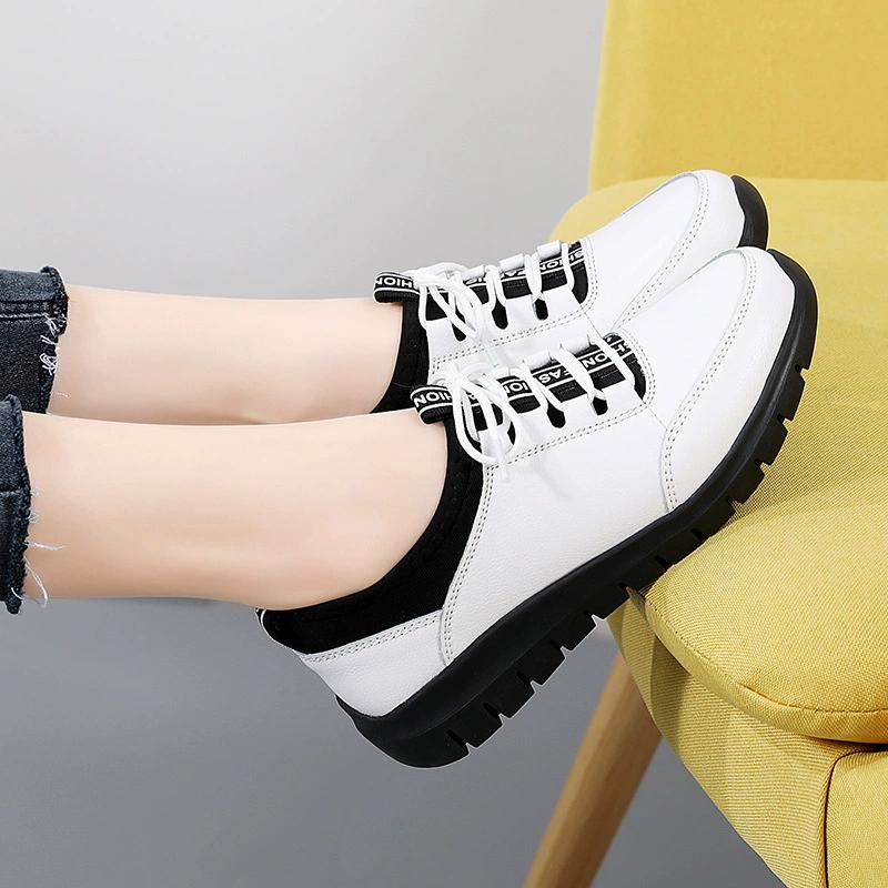 Spring and Autumn PU Leather Tendon Sole Shoes Women's Wear-Resistant Flat Casual Cowhide Middle-Aged and Elderly Mom Shoes