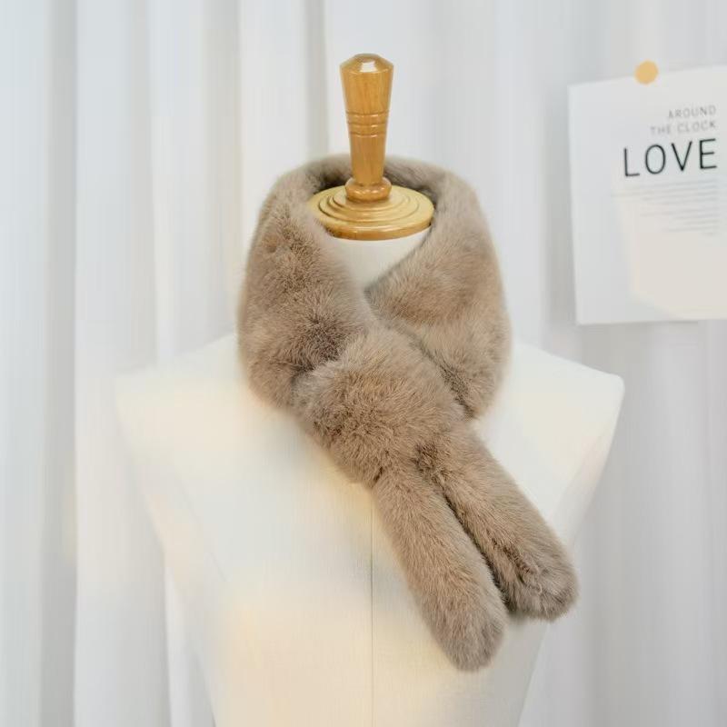Women Winter Warm Thicken Cross Collar Scarf Solid Color Faux Rabbit Fur Cold Proof Scarves Fashion Soft Furry Neck Warmer