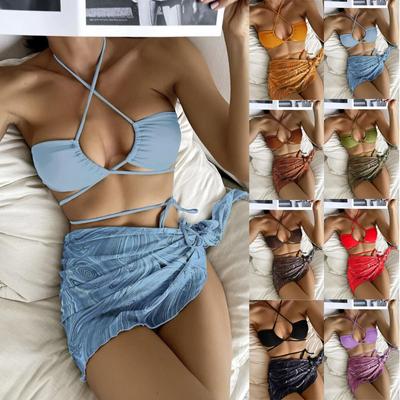 Women Fashion Drawstring Tie Short Skirt Mesh Bikini Swimsuit Set 3 Pieces with Padded Bra Without Underwire Adjustable Straps