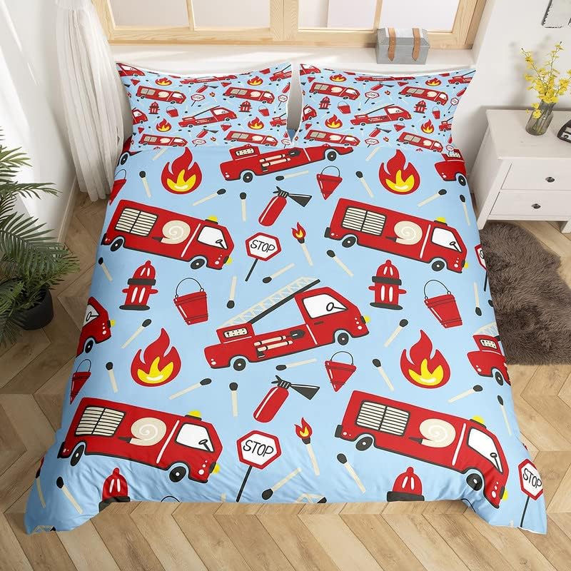Fire Truck Duvet Cover Twin Queen Size,Kids Cute Car Road Traffic Print Comforter Cover Cartoon City Map Firefighter Bedding Set