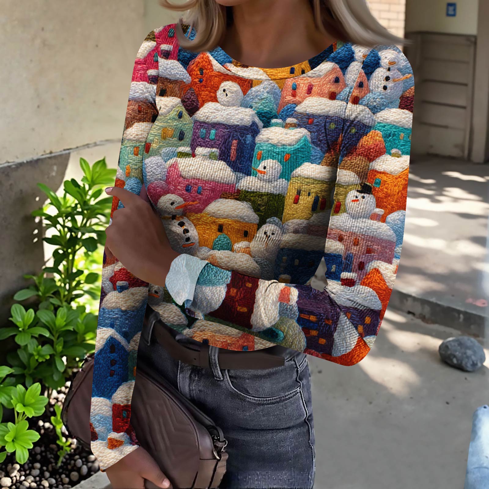 

Женская футболка с облегающим низом, модная повседневная с градиентным принтом, пуловер с круглым вырезом и длинными рукавами XL синий