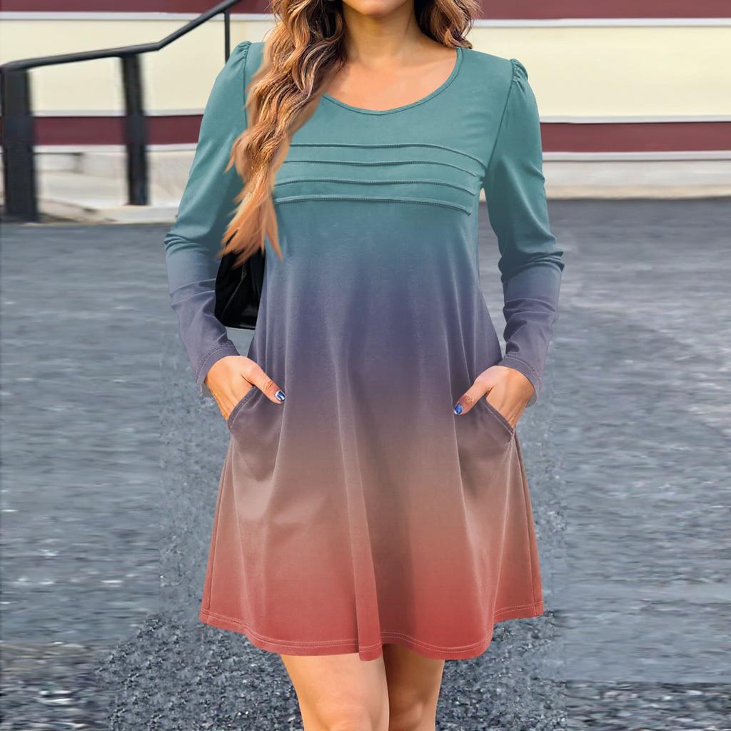 Women's Long Sleeve Dress Fall Casual T Shirt Loose Fit Pleated Front Dresses With Pockets