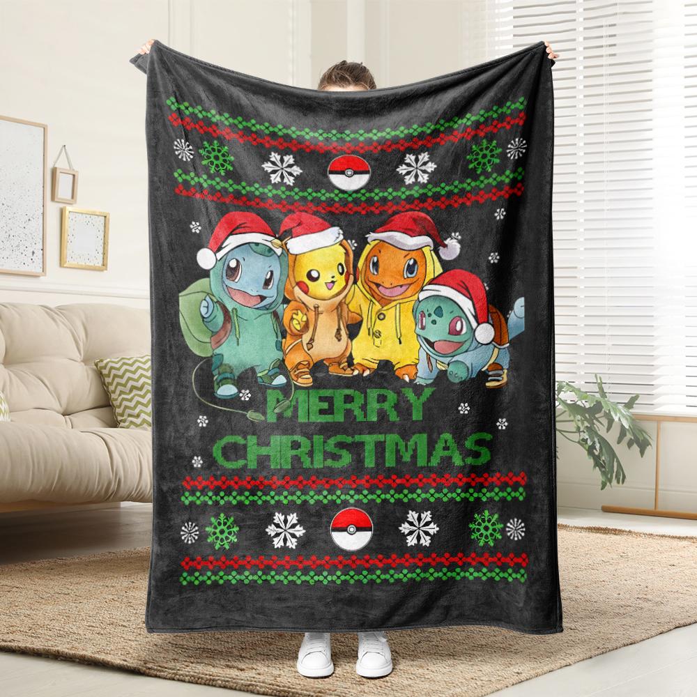 Pikachu dances with the little Fire Dragon Christmas: Pixel Style Christmas Blanket Essential for Home rest
