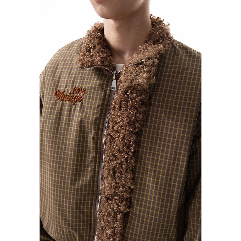 51 Hip-Hop Trendy Brand Lamb Wool Reversible Plaid Stand Collar Cotton Jacket for Men, Winter Thickened Couple's American-Style Cotton Coat
