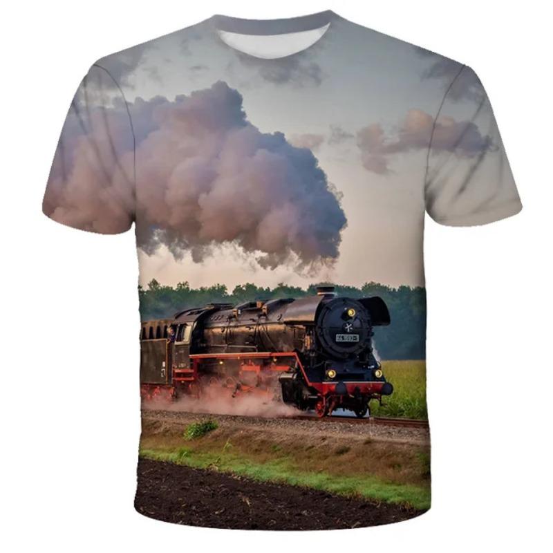 Retro Summer Motorcycle Train 3D Printed T-shirt Fashion Men's and Women's Daily T-shirt Round Neck Pattern T-shirt Top