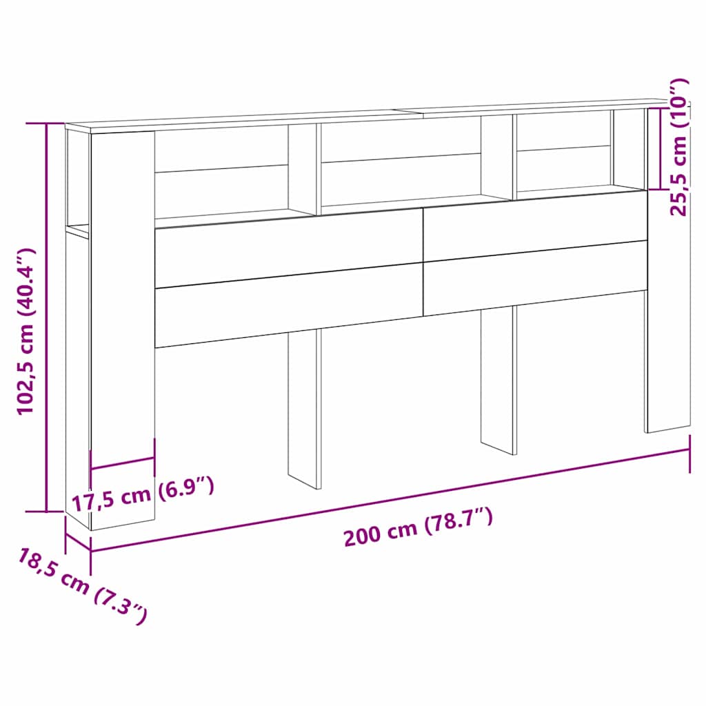 Headboard Cabinet Black Oak Effect 200 x 18.5 x 102.5 cm