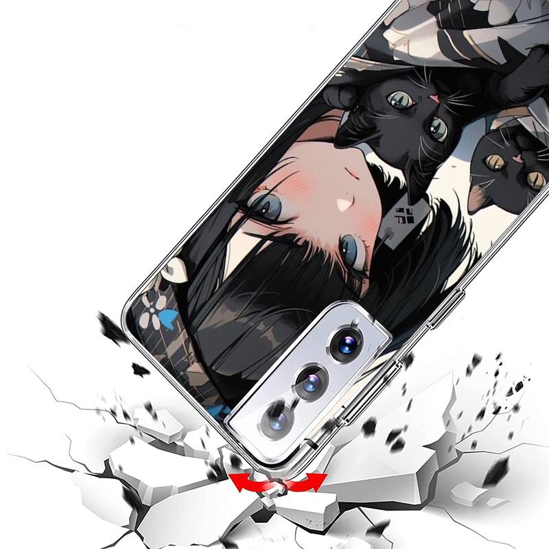 Anime Girls Cute Black Cat Phone Case For Samsung Galaxy S24 S25 Edge S26 Ultra S23 S22 S21 Plus S20 FE + Personalized Print Cov