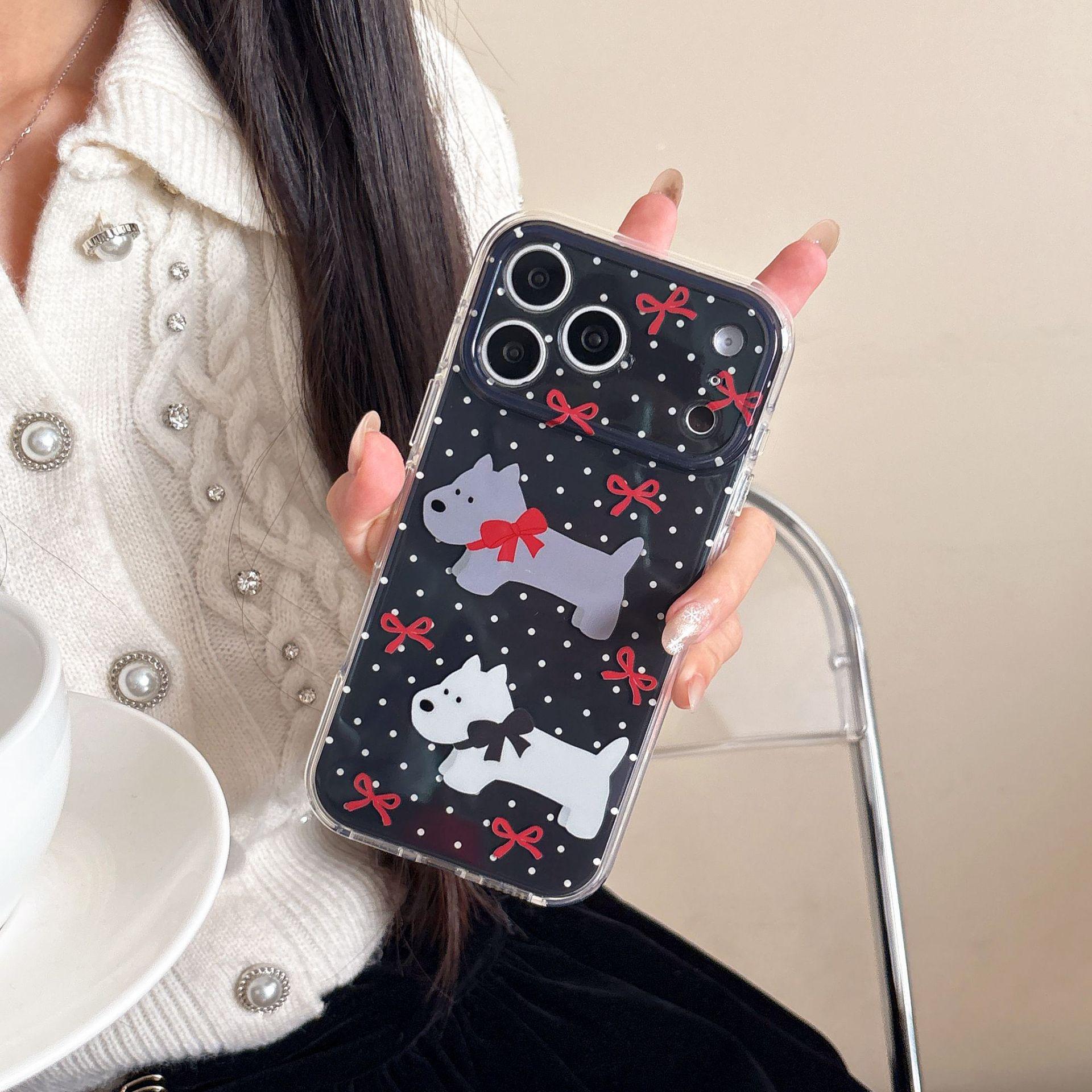 

Black Polka Dot Cartoon Puppy Phone Case for iPhone 17 Pro Max/16 IMD 14/15 Series, Precise Cutouts 15