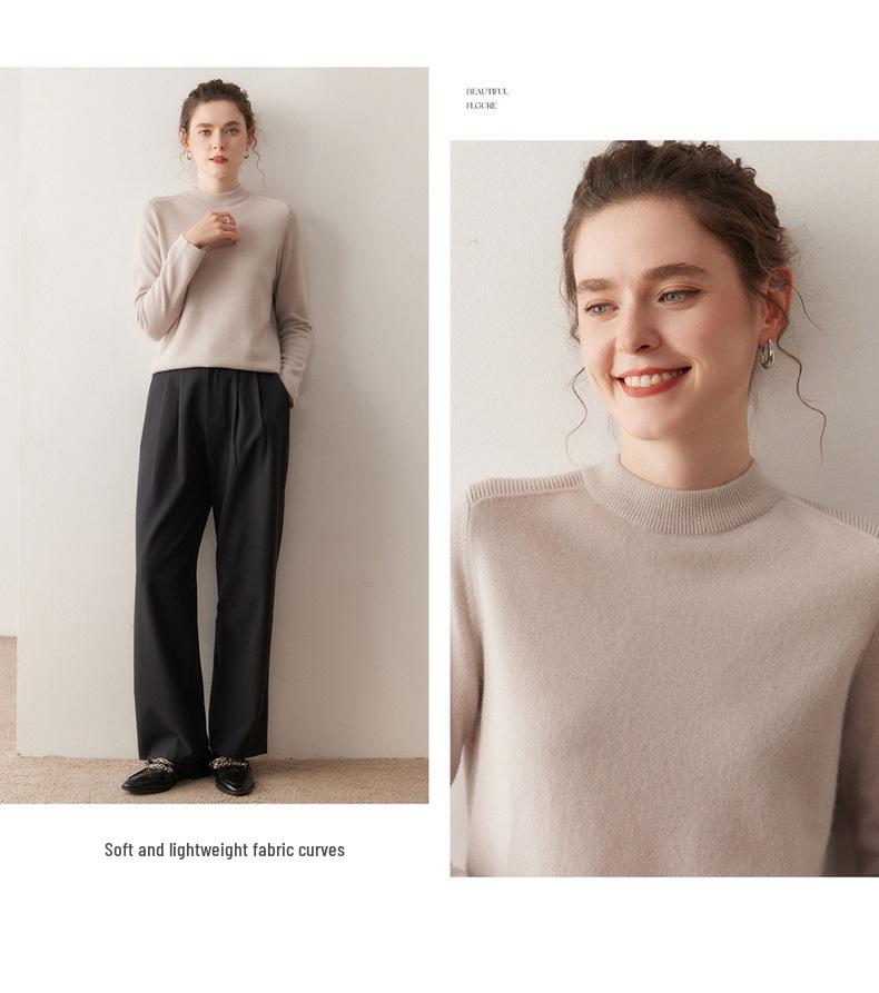 Women's Cashmere Sweater - Shoulder Pad Half-High Collar Knit Pullover for Autumn/Winter