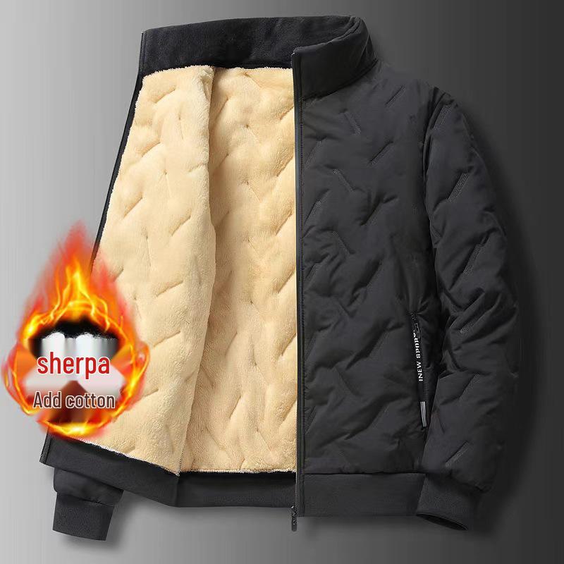 Men's Windproof Lambskin Cotton Winter Coat with Velvet, Thick, Loose Fit, Stand Collar, Large Size.