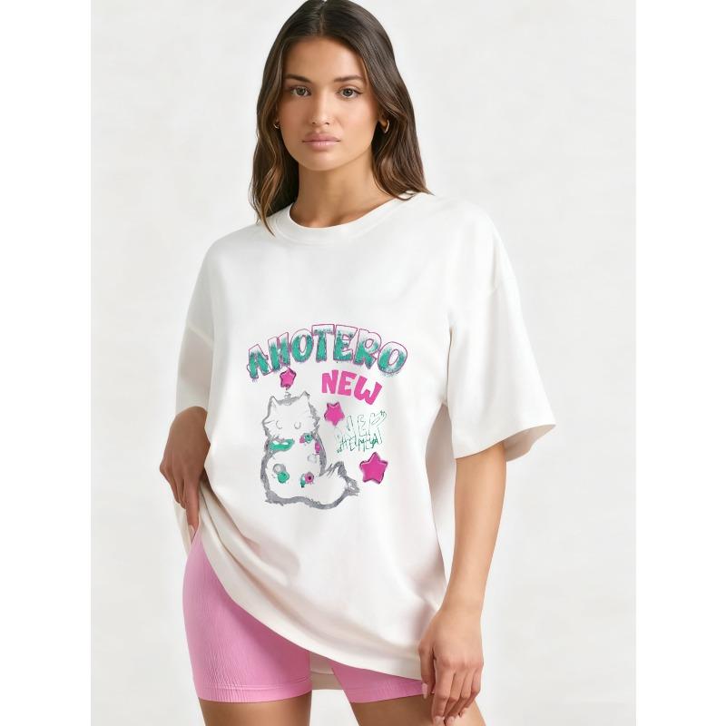 Oversized T-Shirt Black Cat Graphic Print With AHOTERO NEW YORK Text Casual Streetwear Style For Women