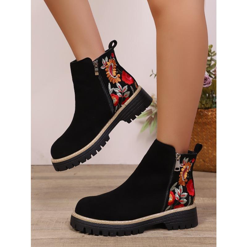 Winter 2025 Suede Print Booties Women's Plus Size Side Zipper Vintage Round Toe Muffin Martin Boots