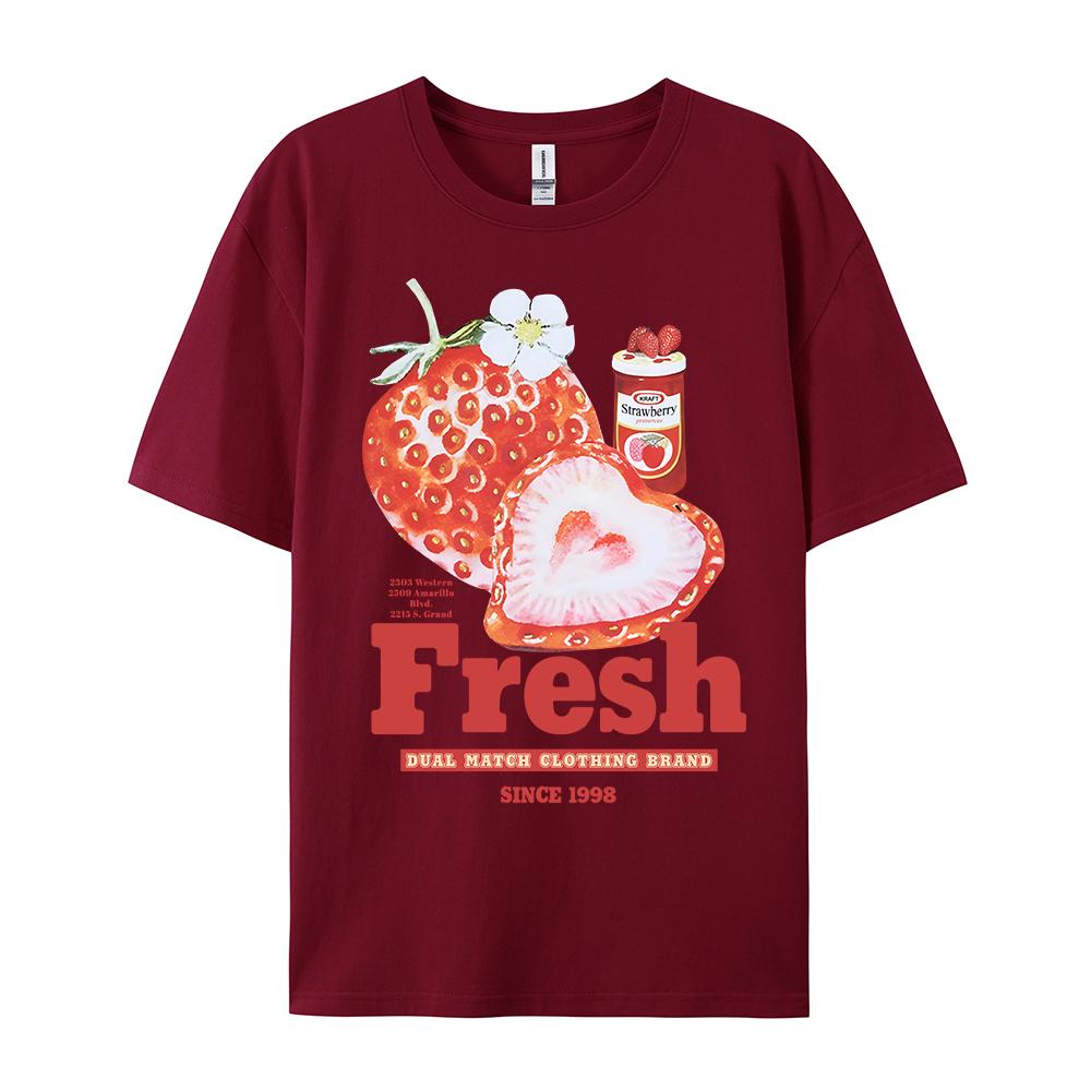 Fresh Strawberry American Retro Creative Printed Short Sleeved T-shirt Women's Trendy Brand Loose Versatile Half Sleeved Shirt