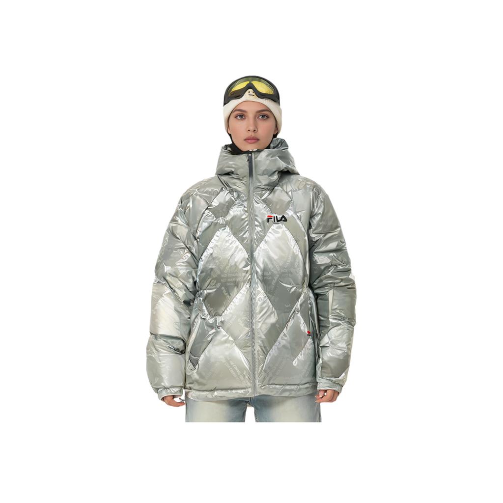 Fila Fusion Logo Print Loose Hooded Puffer Jacket Women Outerwear Bright-Silver T11W141908F-SL