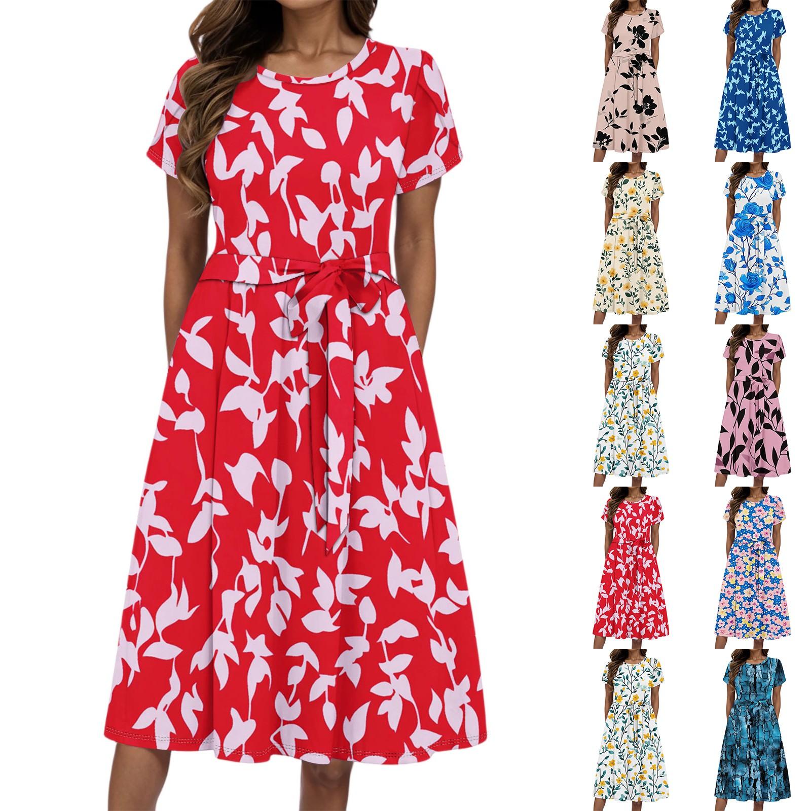 

Women s Summer Fashion Round Neck Casual Plant Floral Print Short Sleeve Dress XL синій