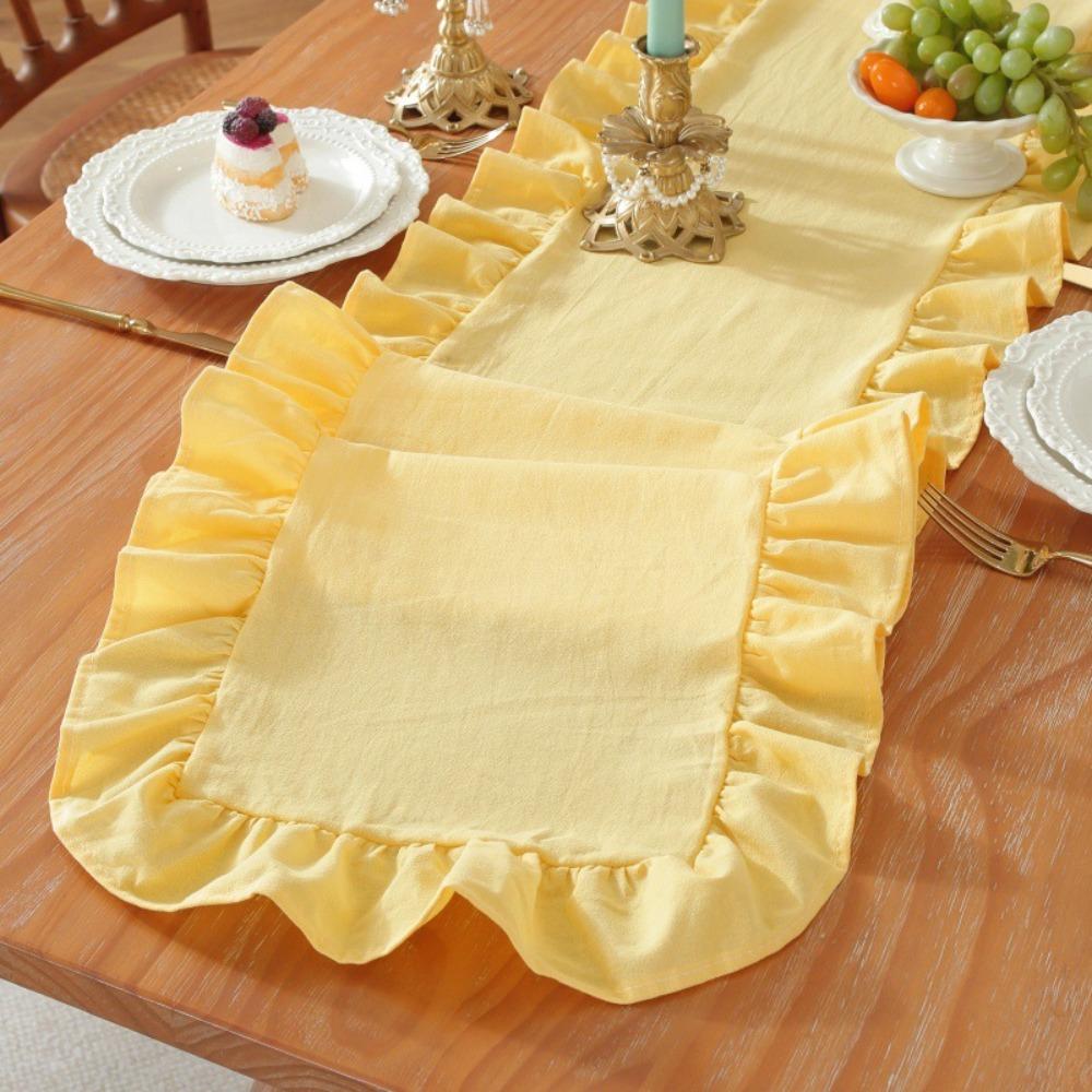 Solid Color Ruffled Edge Table Runner Rustic Style Tables Cover Dinning Table Runner  Kitchen Decor