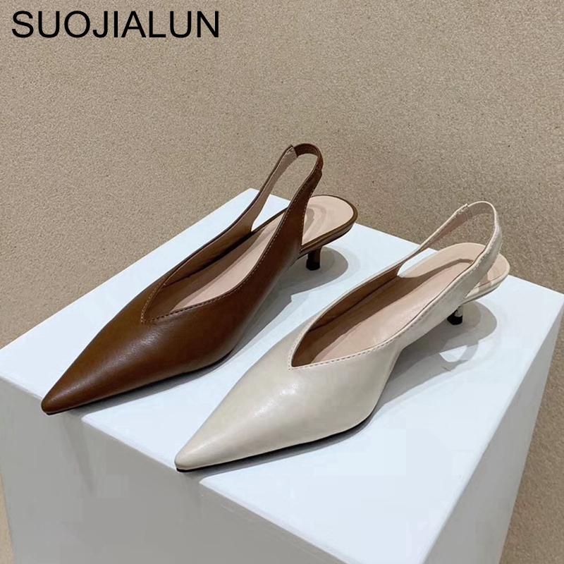 Fashion SUOJIALUN Fashion Brand Sandals Mules Women Shallow Mouth Pointed Toe Shoes Low Heel Slip On Slides Slipper Shoes