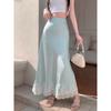 Summer French Satin Mermaid Skirt Women Lace Patchwork Waist Elastic Long A Line Skirts Fashion Ladies