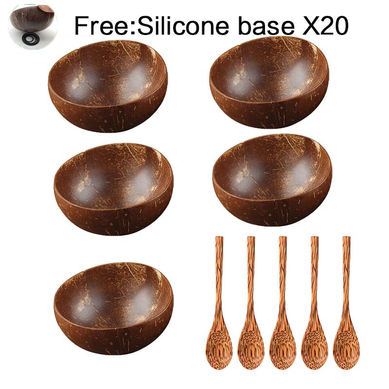 Coconut Bowl Set Natural Handmade Coconut Shell Tableware Wood Spoon Dessert Fruit Salad Mixing Rice Ramen Wooden Bamboo Bowl