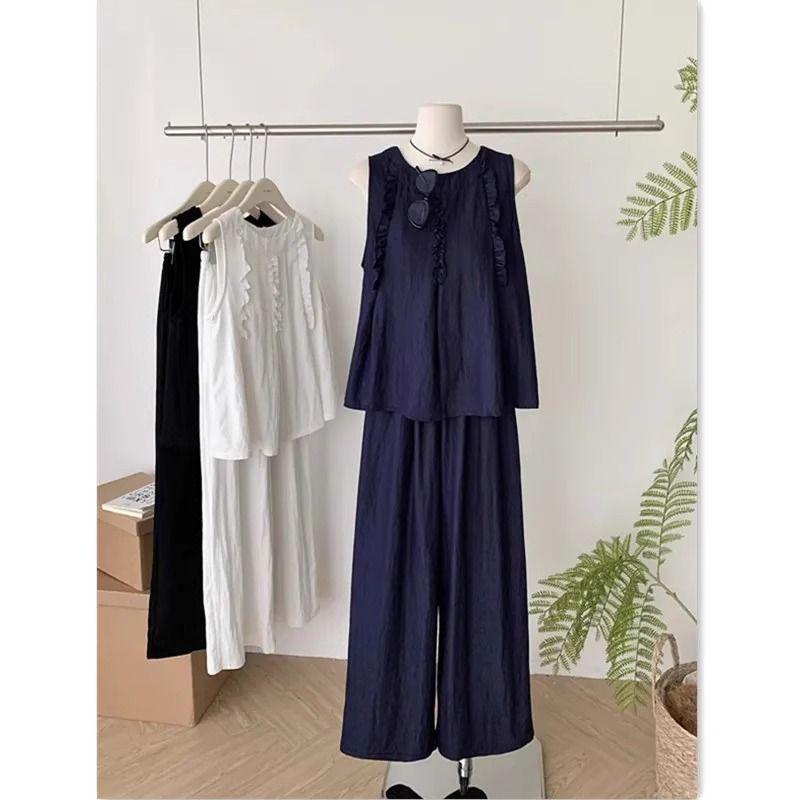 

Plus Size Korean-Style Ruffled Lace Top & Flowy Wide-Leg Pants Two-Piece Set for Women 3XL [200-250 lbs]