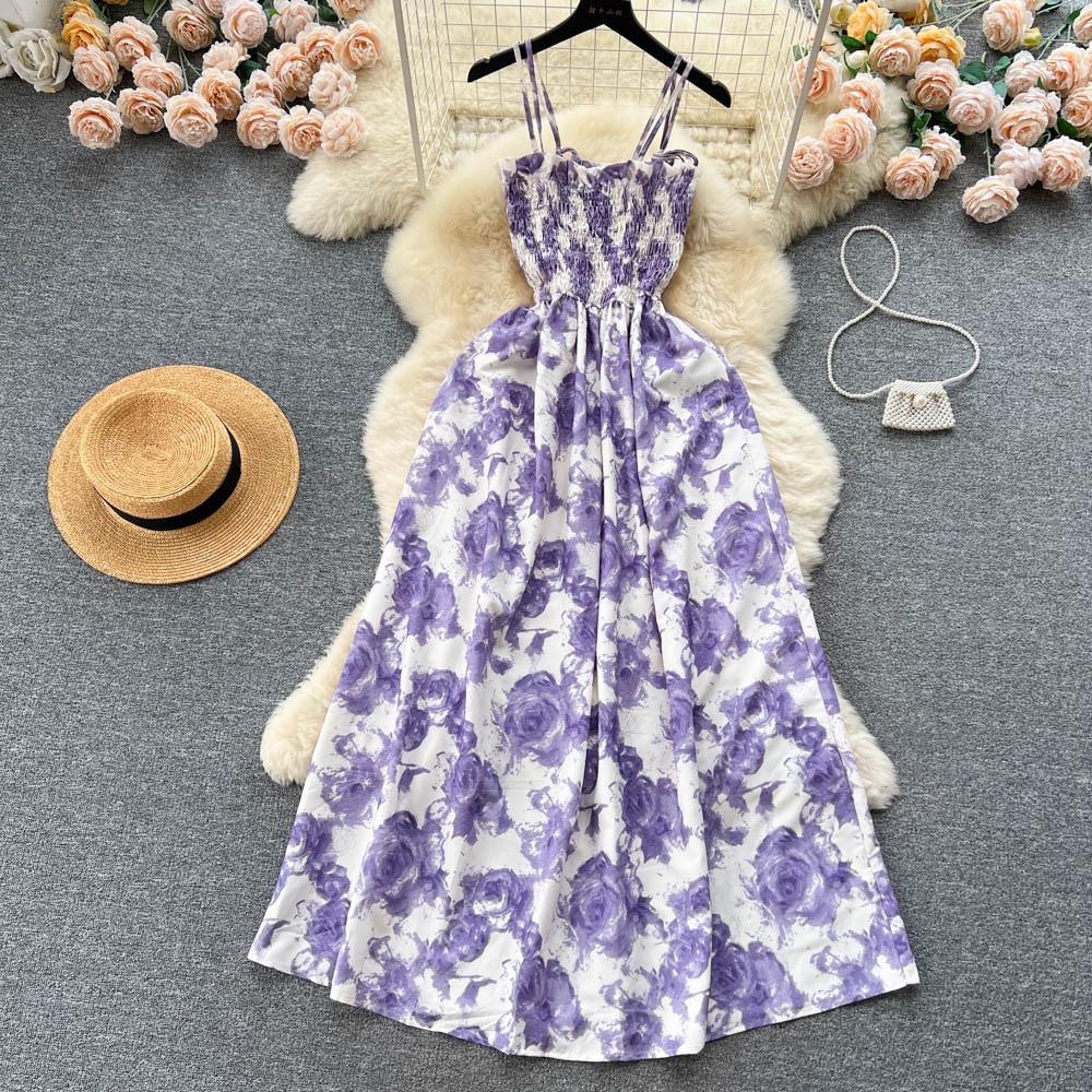 Koreansk stil for kvinner Rose Blomstertrykk Retro Festkjole Sommer Elastisk Høy midje Ferie Lang kjole Strand Vestido