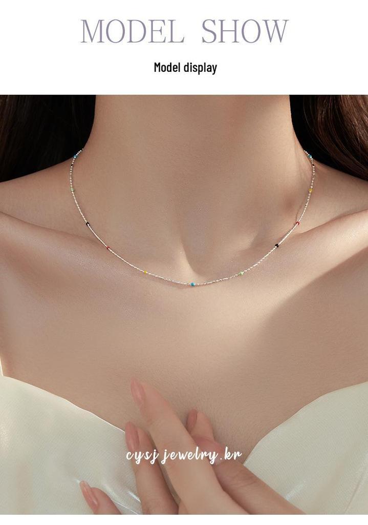 Cui Yan S925 Sterling Silver Korean Style Summer Dopamine Necklace for Women - Rainbow Bead Layered Clavicle Chain