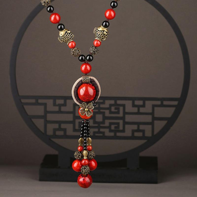 GemChic Women's New Vintage Ethnic Alloy Fish Flower Beads Pendant Long Necklace Adjustable Chain Fashion Birthday Christmas Jewelry Gift