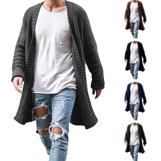 Men Sweater Cardigan Solid Color Long Sleeve Cold Proof Knitwear Autumn Winter Loose Mid Length Sweater Coat Streetwear