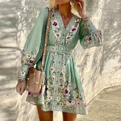 Herbst Damen Langarm V-Ausschnitt Loose Print Boho Kleid