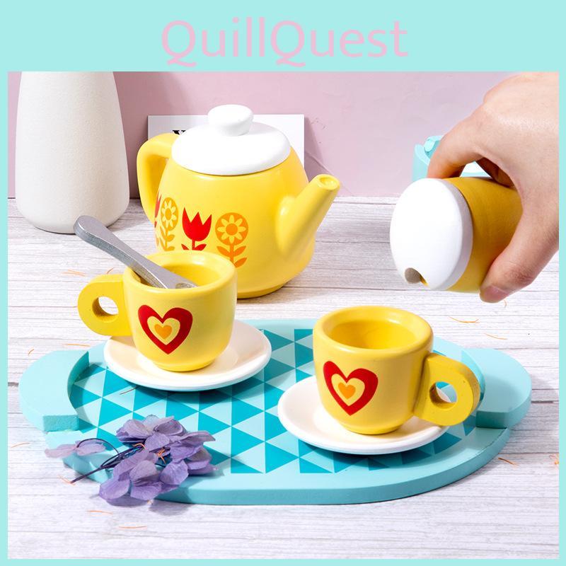 Holzherzförmiges Blumen kariertes Muster Nachmittagstee-Set Kinderspielzeug für fantasievollen Küchenspaß