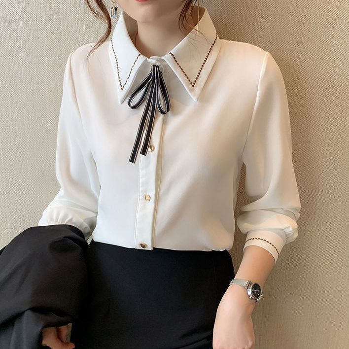 Women s Chiffon Shirt Top with Bow Tie and Lapel Collar Women s Shirt Long Sleeved Base Shirt S