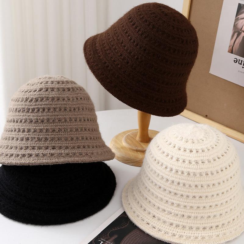 Hollow knitted bucket hat women's spring and autumn new solid color versatile basin hat showing small face breathable sunshade bucket hat