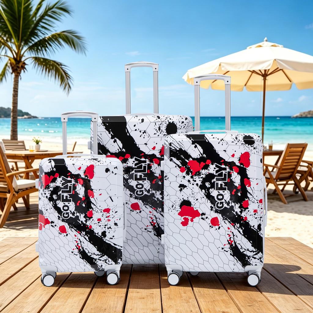 Set de 3 valize 20"/24"/28" Fabricat din Material PC cu Imprimeu Model și Lacăt cu Combinație (Negru)