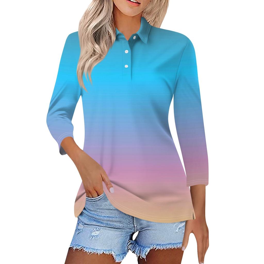 Women's Fashion Casual Lapel Short 3/4 Sleeve Printed Shirt Women's Button Up Tops