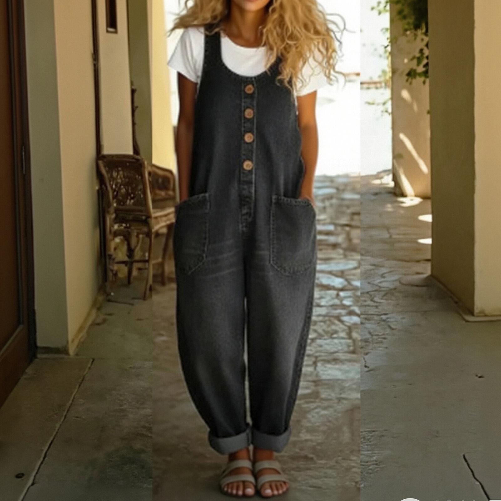 Women s Casual Retro Multi-Pocket Denim Jumpsuit S