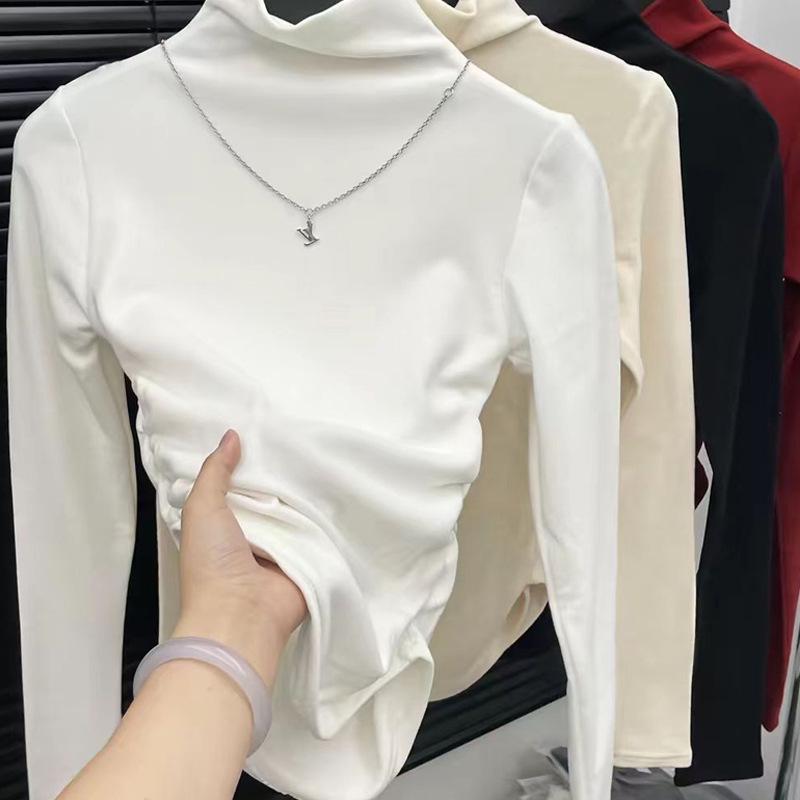 Slim-Fit Pleated Fleece Top: Half-High Collar, Long Sleeves, Versatile Base Layer M белый