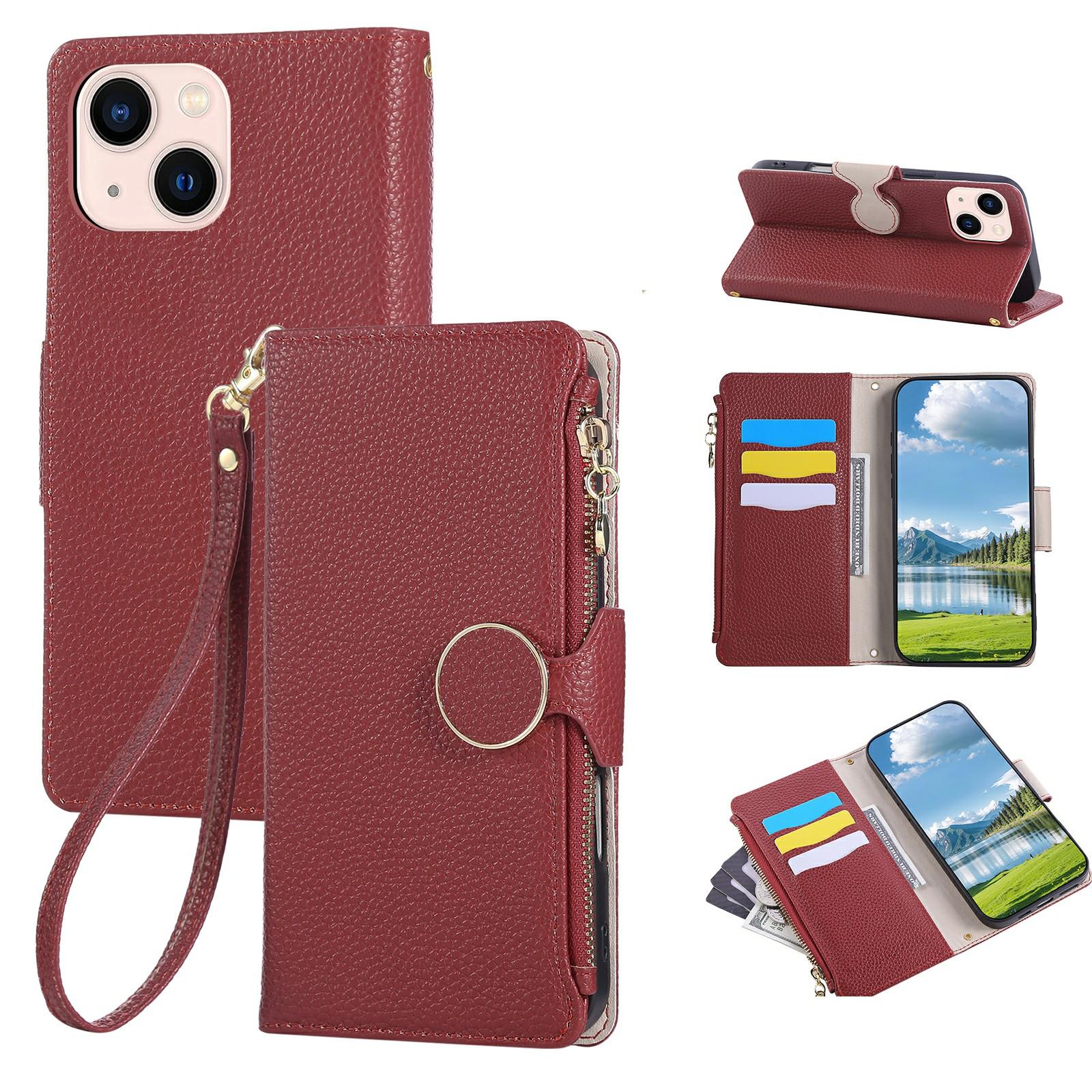 

For iPhone 15 Case Zipper Wallet Leather Phone Cover with Wrist Strap Wine Red