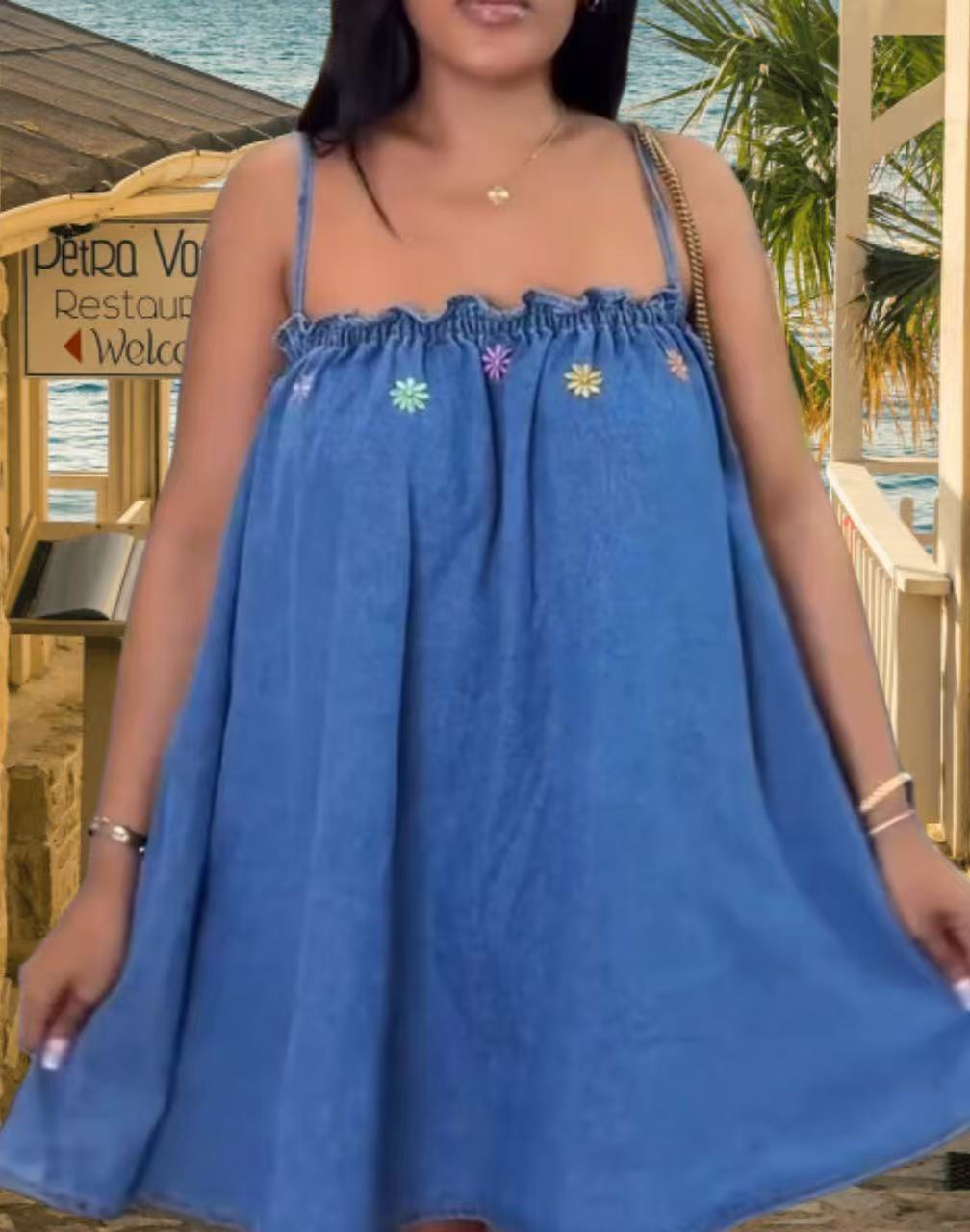 Women s Sleeveless Denim Dress A Line Short Casual Embroidered Summer Romper S синий