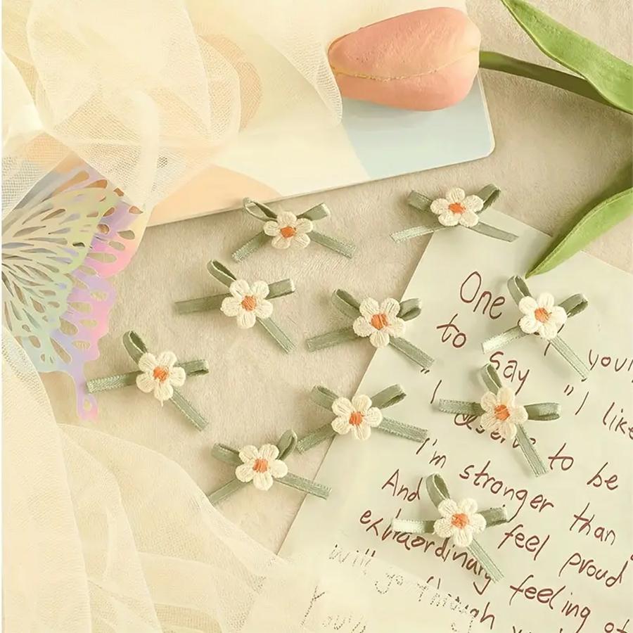 10Pcs Green Bow Embroidered With Small Flowers Patches Applique Clothing Patch Decoration