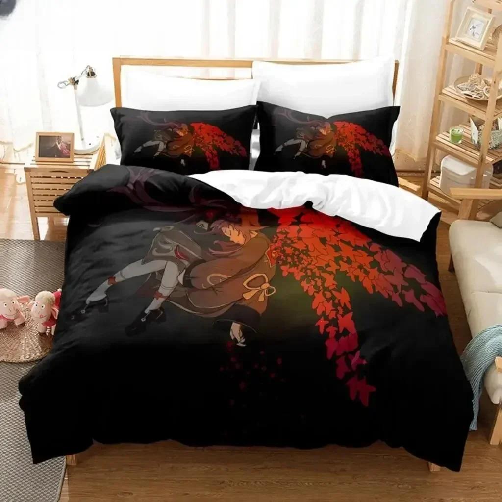 New 3D Anime Hu Tao Genshin Impact Bedding Set Printed Bed Set With Pillowcase Duvet Cover Soft Queen King Size Bedclothes Home