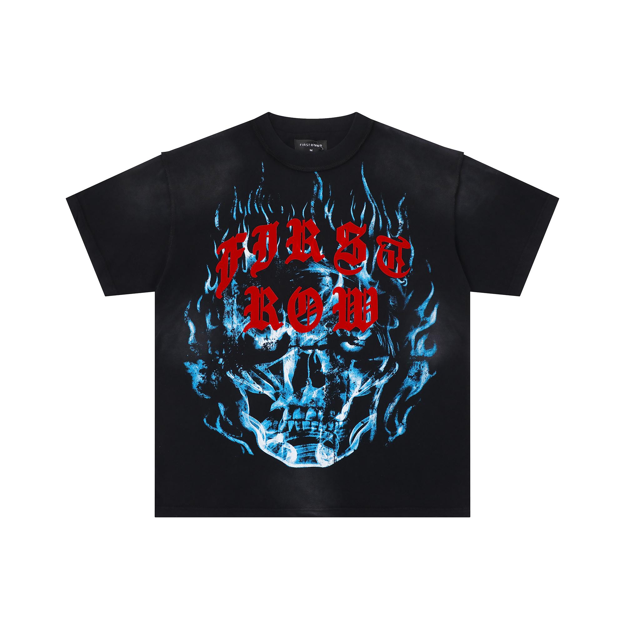 

Unisex Vintage Washed T-Shirt, Blue Flame Skull Print, First Row Gothic Letter Graphic, Oversized Streetwear Tee S