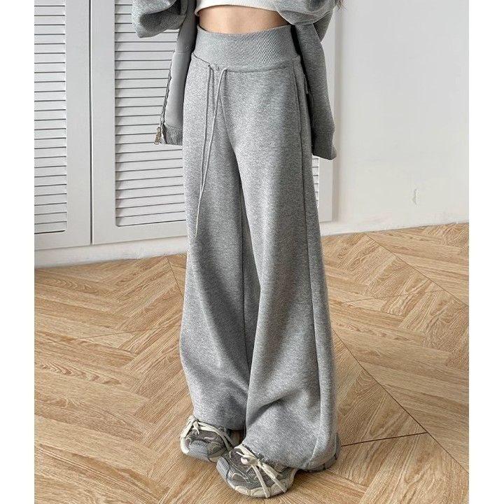 Women's High-Waisted Wide-Leg Fleece-Lined Sweatpants: Autumn/Spring Slimming, Loose, Casual American Style with Drawstring.