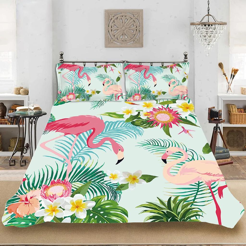 Girls Boys Tropical Botanical Leaves Flamingo Bedding Set Palm Leaf Comforter Cover King Size Toucan Flamingos Duvet Cover Kids