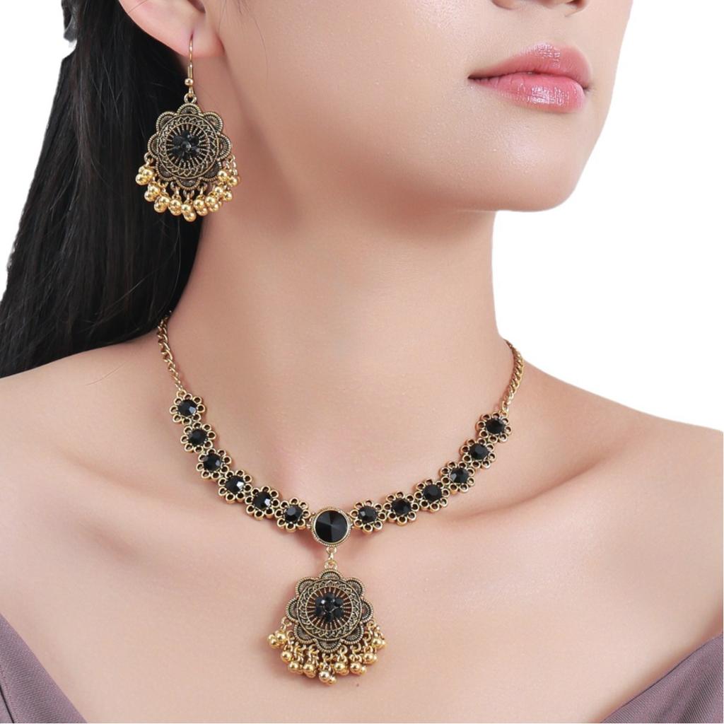 Palace Style Tassel Earrings Necklace Retro Crystal Flower Jewelry Accessories