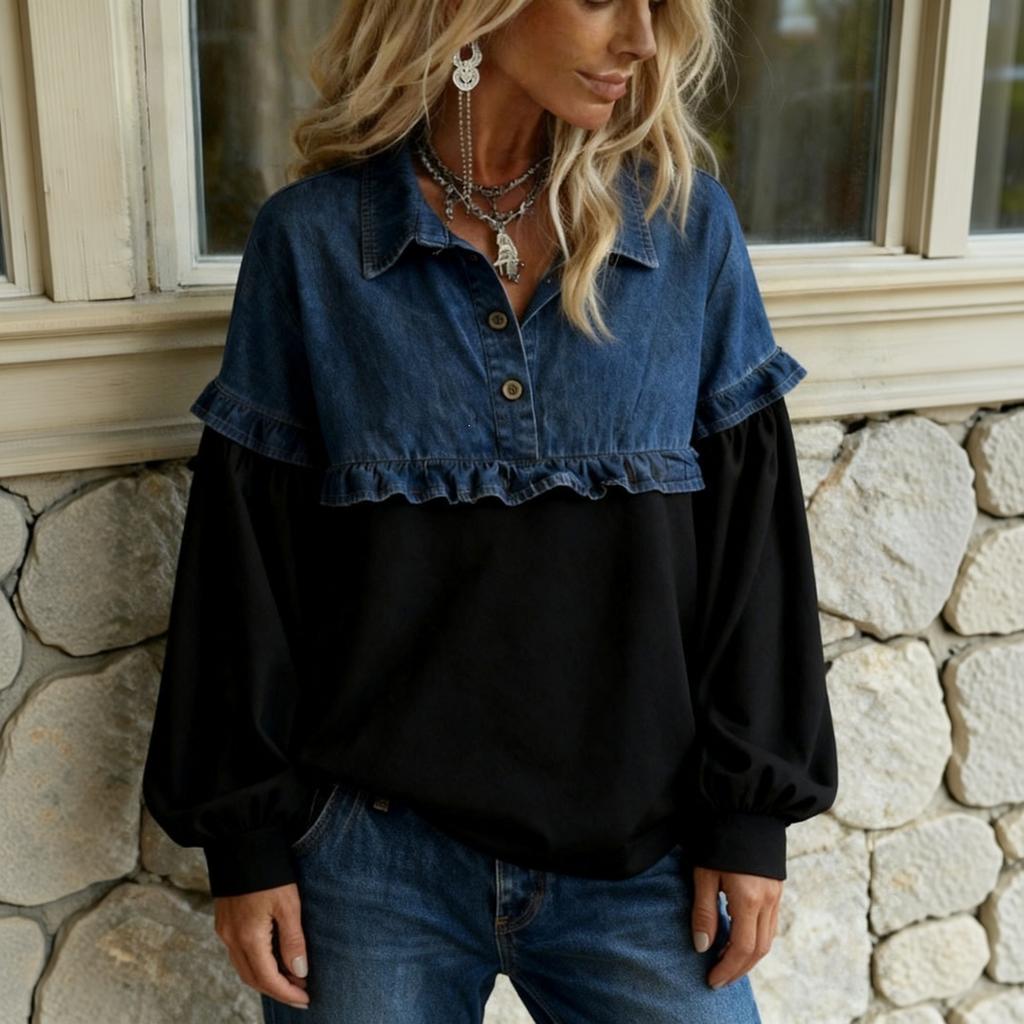 Felpa in Denim Patchwork da Donna Taglie Forti, Vestibilità Larga, Manica Lunga, per Uso Casual
