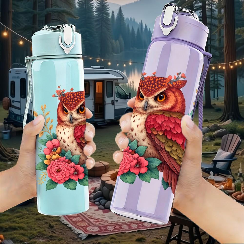 1PC Floral Wreath Red Bird 750ml Color Plastic Sports Water Bottle Leakproof Flip Straw Lid Suitable for Sports Office Home Use