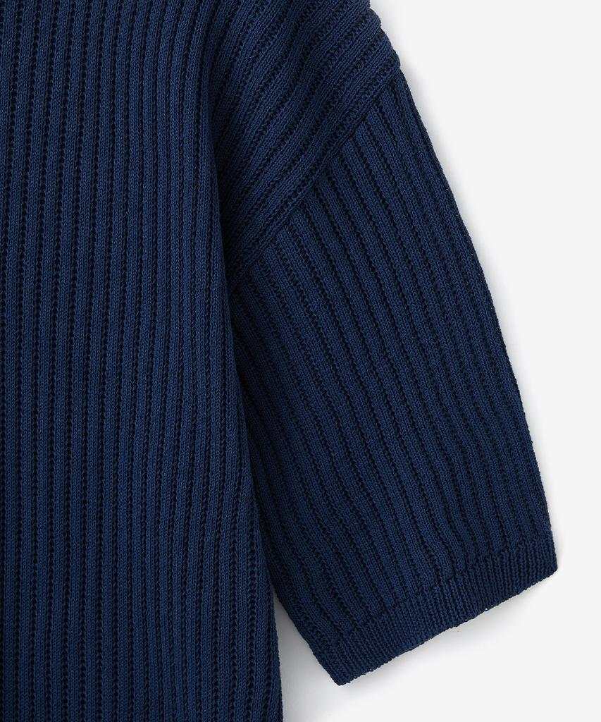 BLOND9 Cotton Rib Collar Short Sleeve Knit_Navy