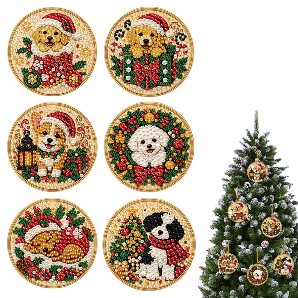 DIY Diamantmalerei Weihnachtsornamente 6 Stück Holz Runde Anhänger Harz Edelstein Feiertagsdekorations-Set